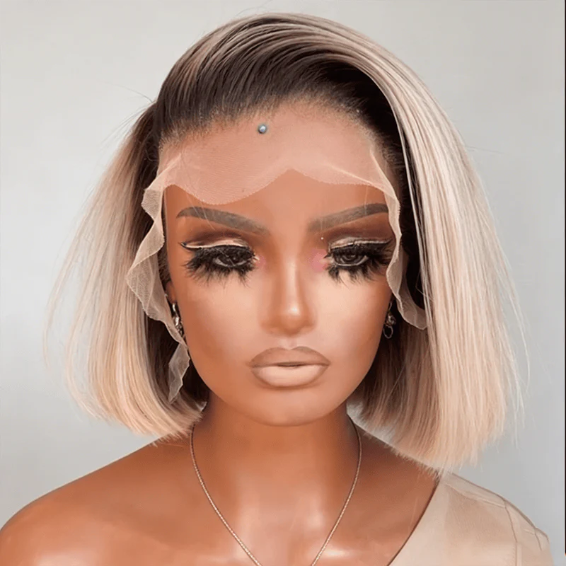 BAISI 13X4 Ash Blonde With Dark Root Lace Straight BoB Wig - Image 3