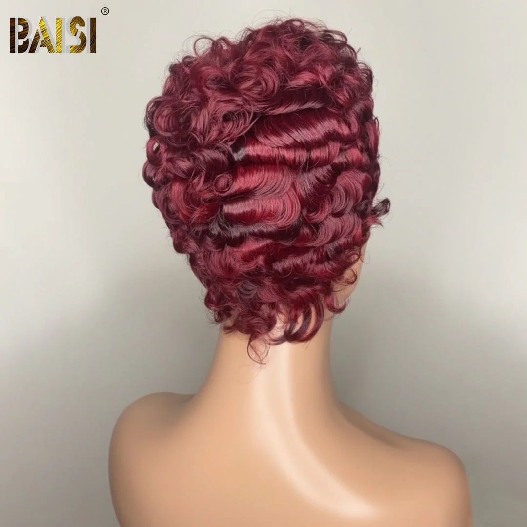 BAISI Dark Burgundy Finger Wave Pixie Cut Wig - Image 3