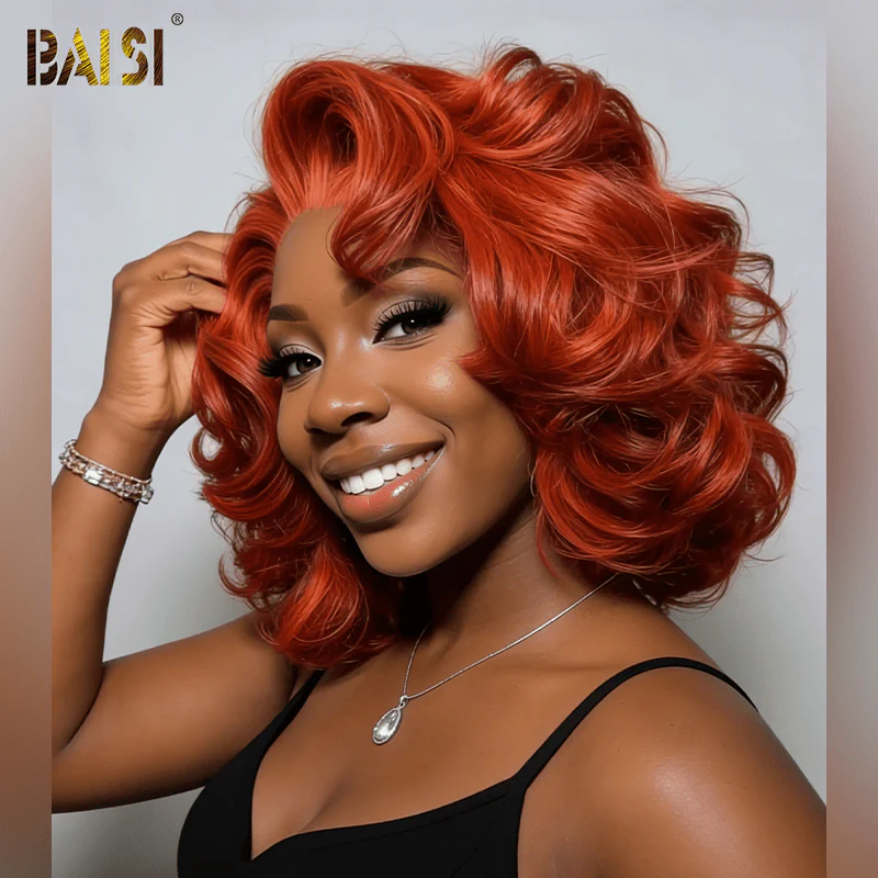 BAISI 13X4 Lace Dark Orange Wavy Lace BOB Wig - Image 3