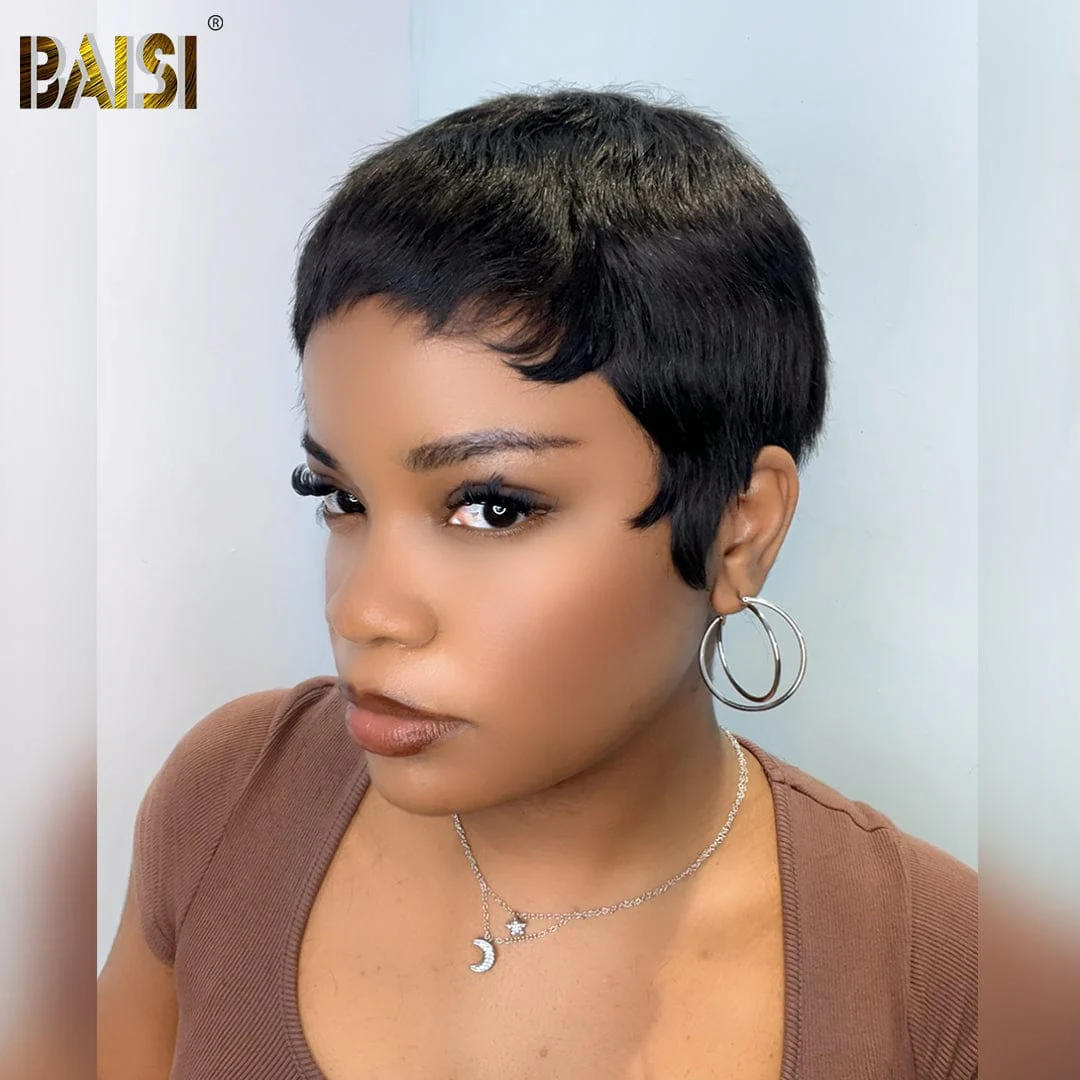 BAISI Natural Black Super Short Full Lace Straight Wig - Image 3