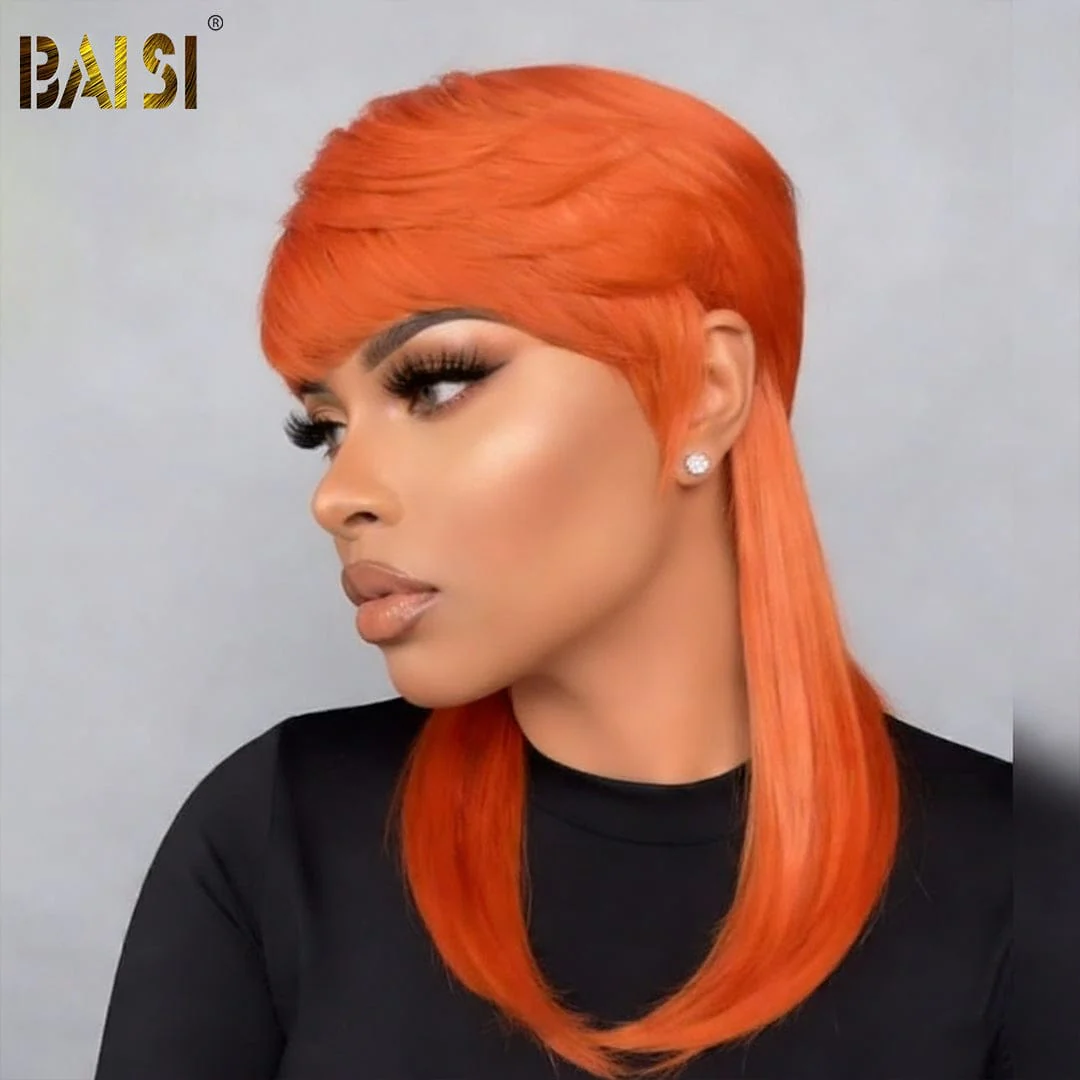 BAISI Orange Machine Made Straight Mullet Wig - Image 3