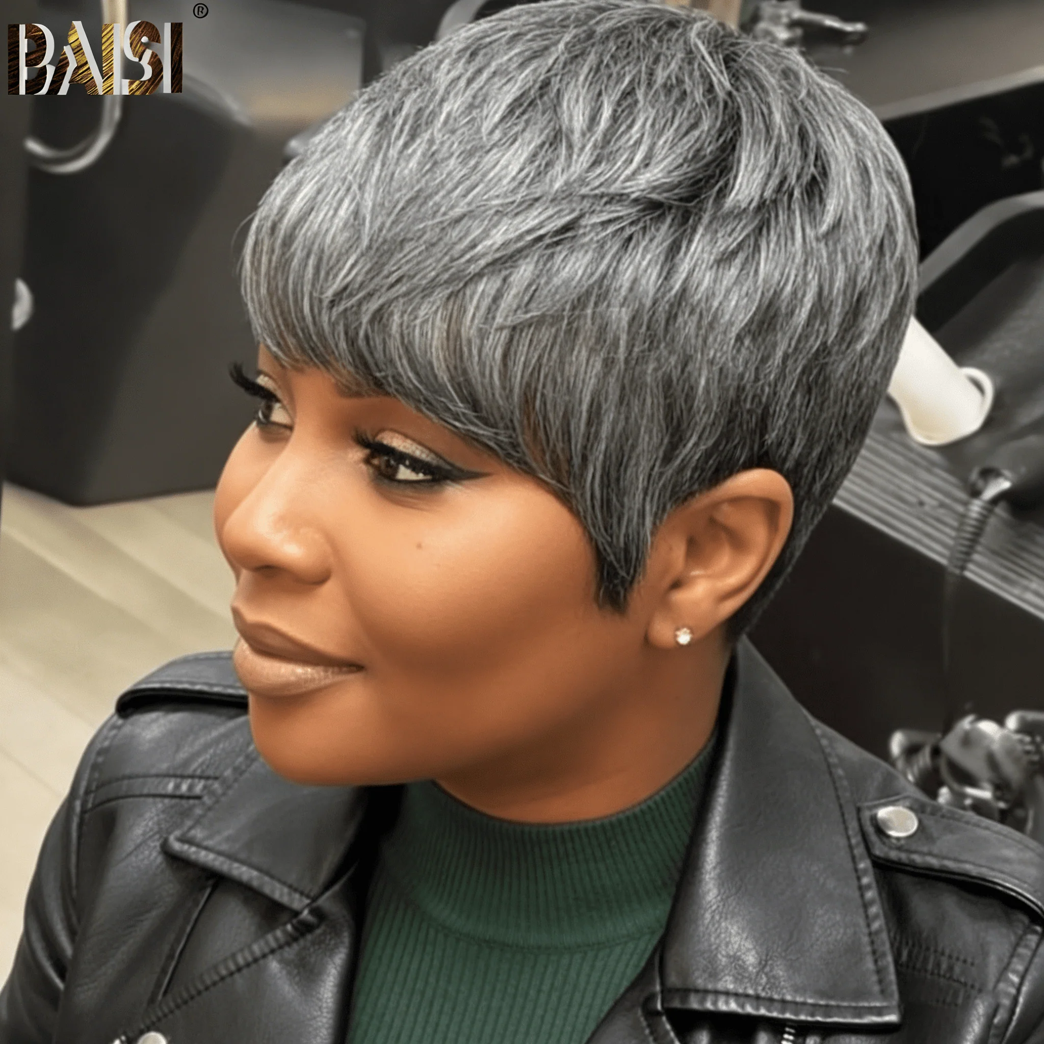 BAISI Machine Made Salt And Pepper Pixie Cut Wig - Image 3